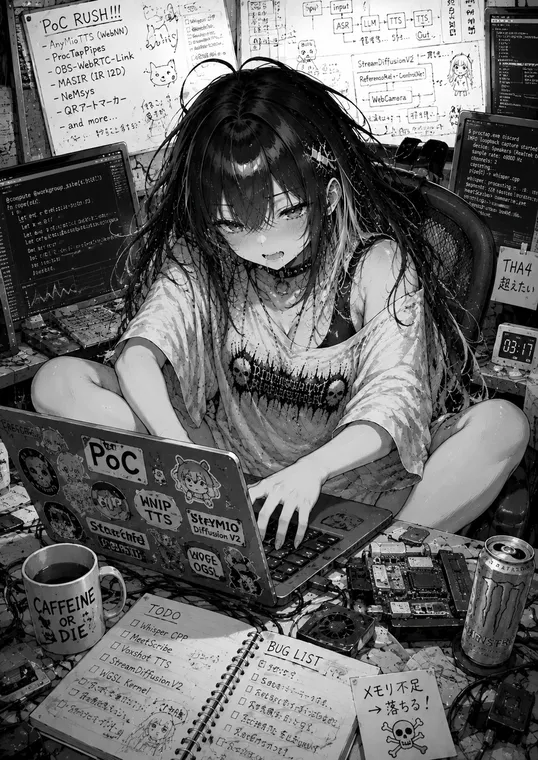 深夜作業中のAlibiちゃんのモノクロイラスト